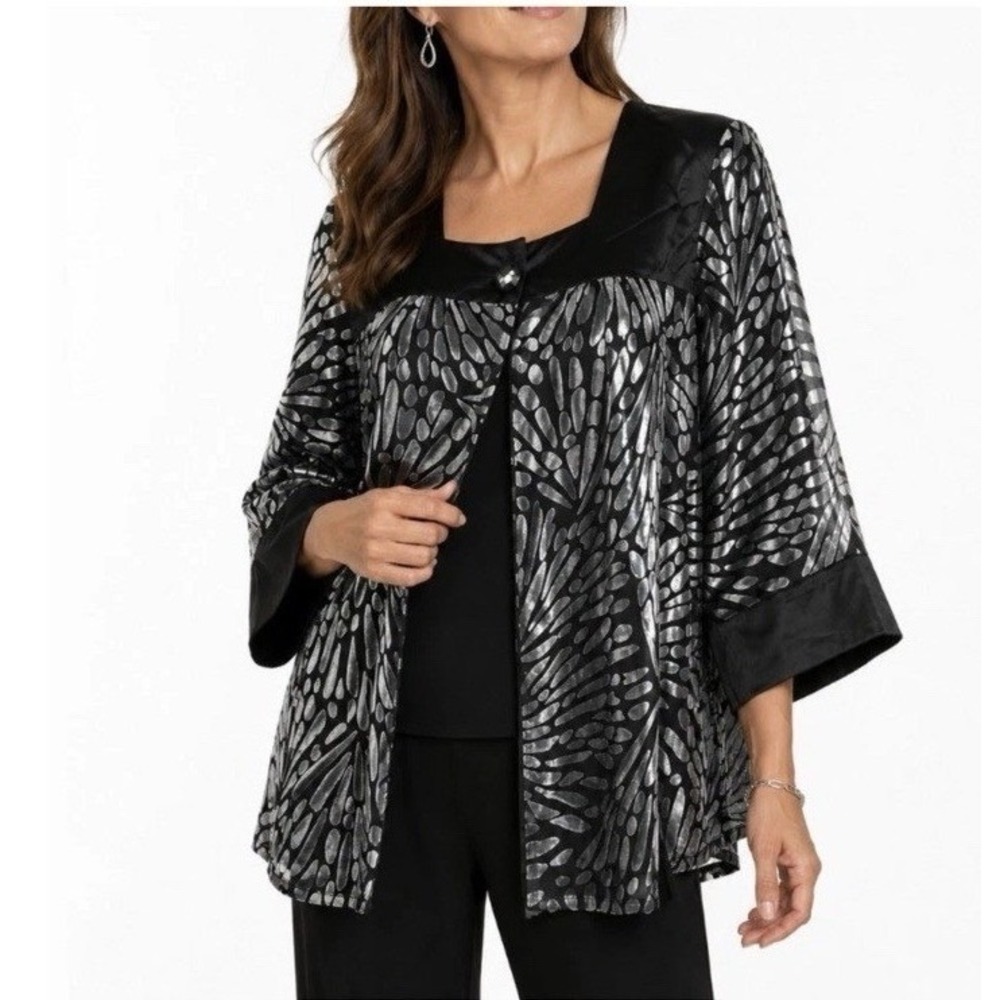 VTG Bob Mackie Wearable Art Silk Burnout Blend Metallic Jacket Black Silver 1X
